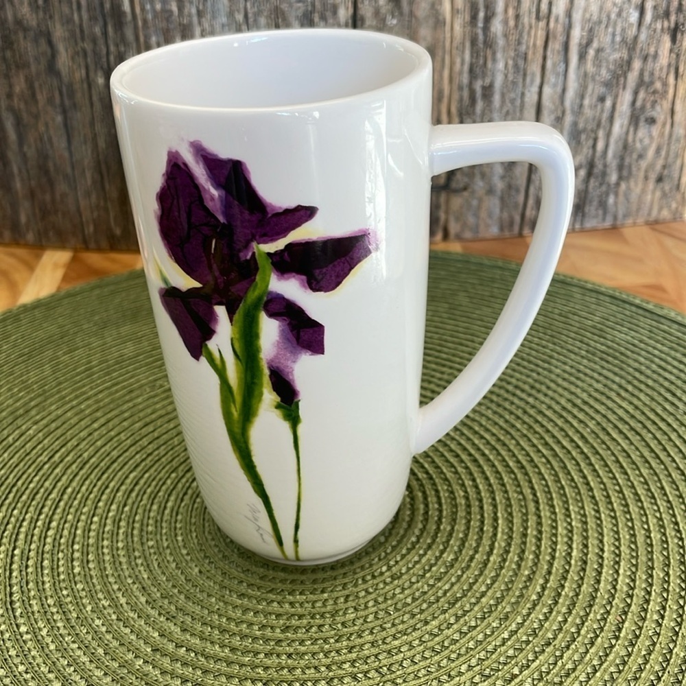 Skye McGhie | 2006 | Watercolors | Elegant White & Purple| Iris |Ceramic Tea Mug